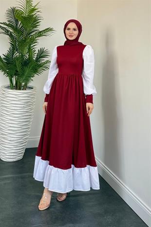 Aria Eteği Fırfırlı Elbise Bordo