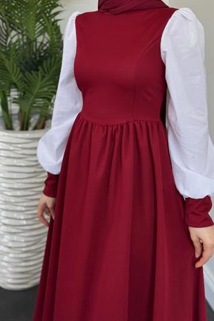Aria Eteği Fırfırlı Elbise Bordo