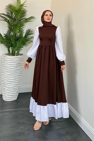 Aria Eteği Fırfırlı Elbise Kahverengi