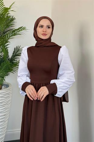 Aria Eteği Fırfırlı Elbise Kahverengi