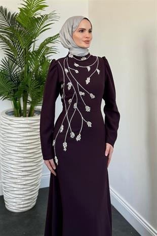 Arinya Yandan Taşlı Kuyruklu Abiye Mürdüm