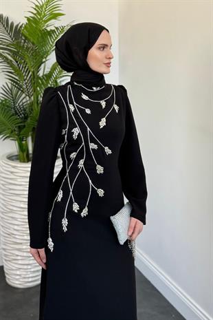 Arinya Yandan Taşlı Kuyruklu Abiye Siyah