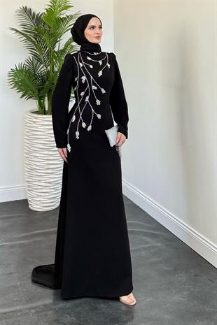 Arinya Yandan Taşlı Kuyruklu Abiye Siyah