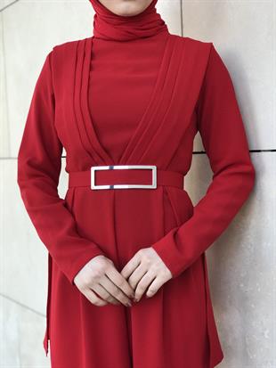 Arkası Pelerinli Tulum Kırmızı