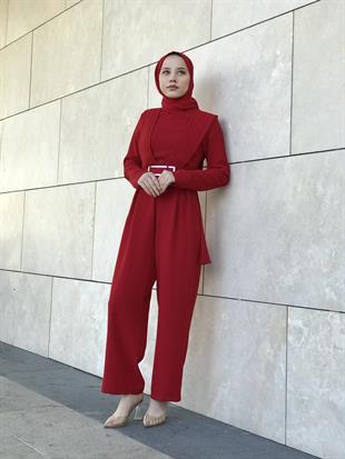 Arkası Pelerinli Tulum Kırmızı