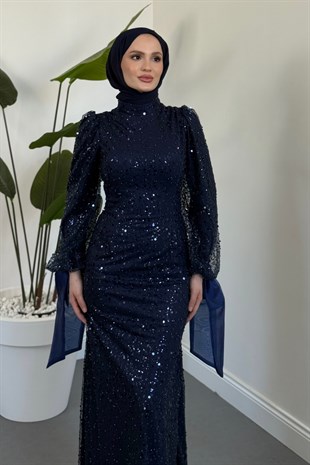 Arzonel Kolları Fiyonk Kemerli Abiye Lacivert