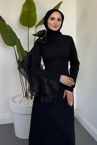 Asel Fiyonk Detaylı Krep Abiye Siyah