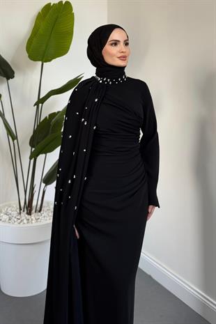 Astana Yandan Taşlı Abiye Siyah