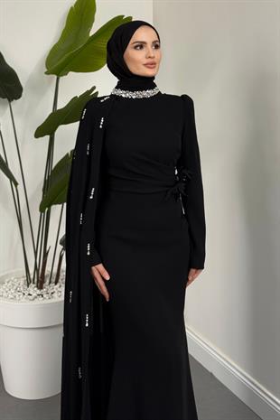 Aurelia Balık Kesim Krep Abiye Siyah