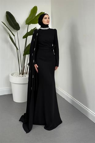Aurelia Balık Kesim Krep Abiye Siyah