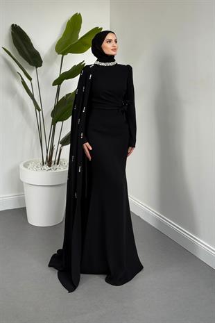 Aurelia Balık Kesim Krep Abiye Siyah
