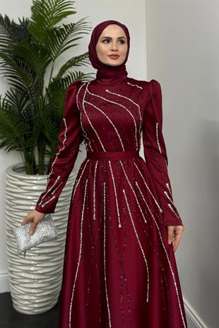 Azelea Saten Taşlı Abiye Bordo