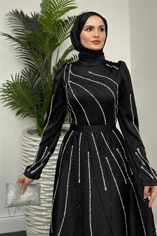 Azelea Saten Taşlı Abiye Siyah