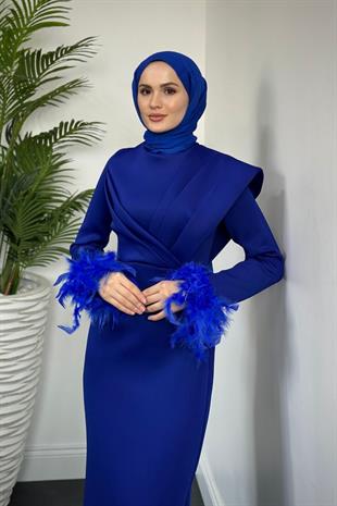 Azelya Kolları Tüylü Scuba Abiye Sax