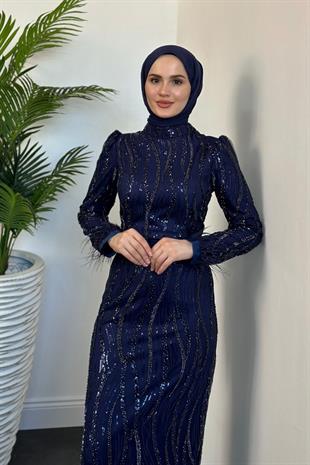 Azzura Pul Detay Abiye Lacivert