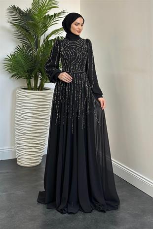 Balbina Taşlı Mevlana Şifon Abiye Siyah