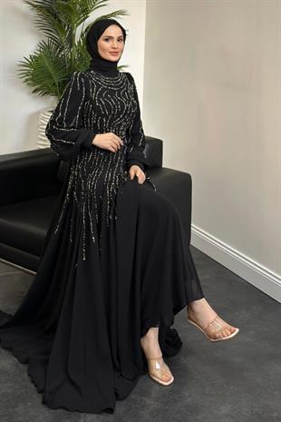 Balbina Taşlı Mevlana Şifon Abiye Siyah