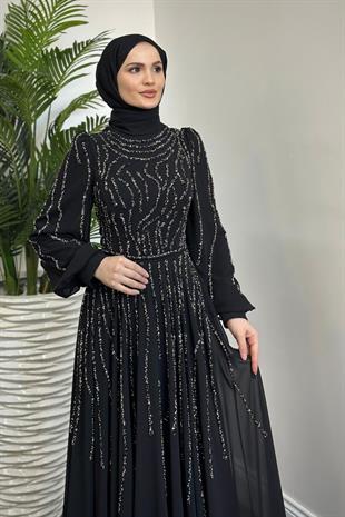 Balbina Taşlı Mevlana Şifon Abiye Siyah