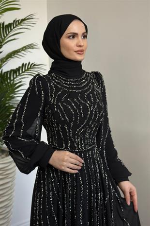 Balbina Taşlı Mevlana Şifon Abiye Siyah