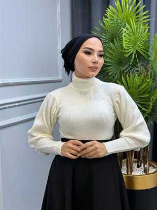 Balon Kol Balıkçı Triko Kazak Beyaz