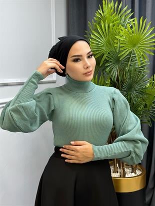 Balon Kol Balıkçı Triko Kazak Mint