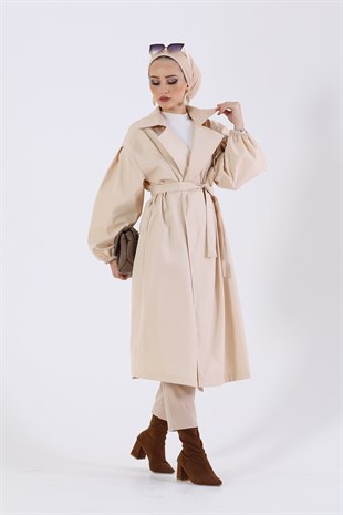 Balon Kol Belden Bağlamalı Trençkot Bej