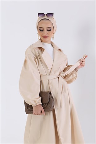 Balon Kol Belden Bağlamalı Trençkot Bej