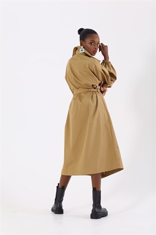 Balon Kol Belden Bağlamalı Trençkot Camel