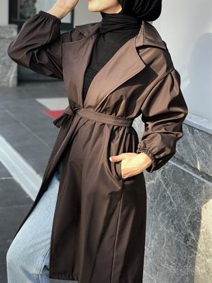 Balon Kol Belden Bağlamalı Trençkot Kahverengi