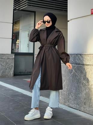 Balon Kol Belden Bağlamalı Trençkot Kahverengi