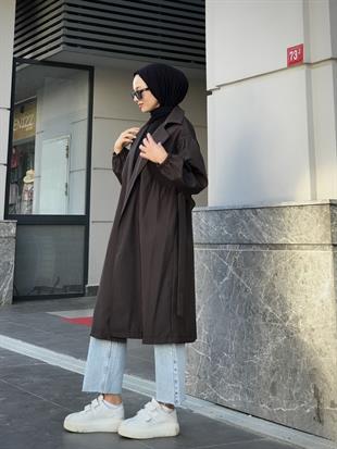 Balon Kol Belden Bağlamalı Trençkot Kahverengi