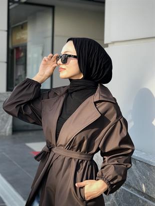 Balon Kol Belden Bağlamalı Trençkot Kahverengi