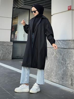 Balon Kol Belden Bağlamalı Trençkot Siyah