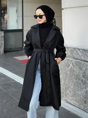 Balon Kol Belden Bağlamalı Trençkot Siyah