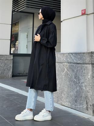 Balon Kol Belden Bağlamalı Trençkot Siyah