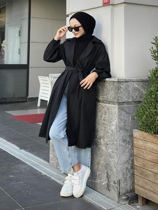 Balon Kol Belden Bağlamalı Trençkot Siyah