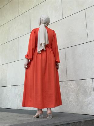 Balon Kol Beli Lastikli Güpür Detay Elbise Turuncu