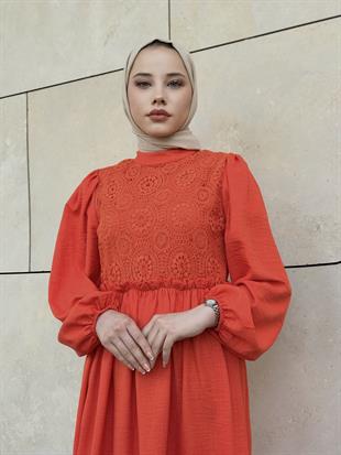 Balon Kol Beli Lastikli Güpür Detay Elbise Turuncu