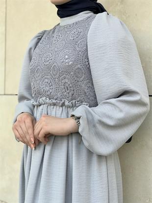 Balon Kol Beli Lastikli Güpür Detay Elbise Gri