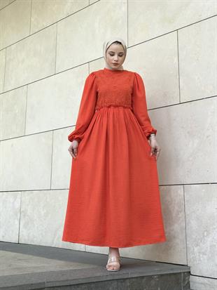 Balon Kol Beli Lastikli Güpür Detay Elbise Turuncu