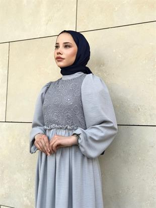 Balon Kol Beli Lastikli Güpür Detay Elbise Gri