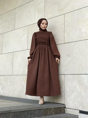 Balon Kol Beli Lastikli Güpür Detay Elbise Kahverengi