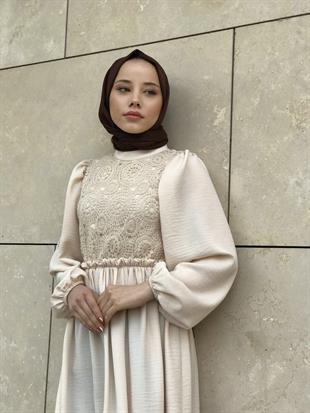 Balon Kol Beli Lastikli Güpür Detay Elbise Taş