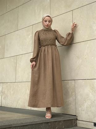 Balon Kol Beli Lastikli Güpür Detay Elbise Camel