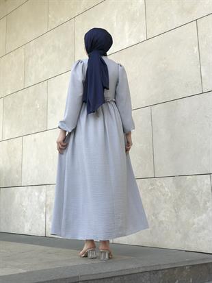 Balon Kol Beli Lastikli Güpür Detay Elbise Gri