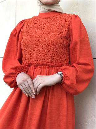 Balon Kol Beli Lastikli Güpür Detay Elbise Turuncu