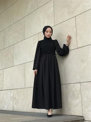 Balon Kol Beli Lastikli Güpür Detay Elbise Siyah