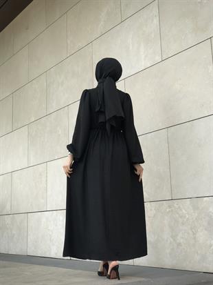 Balon Kol Beli Lastikli Güpür Detay Elbise Siyah