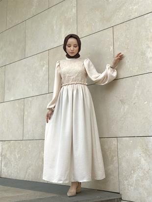 Balon Kol Beli Lastikli Güpür Detay Elbise Taş