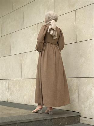 Balon Kol Beli Lastikli Güpür Detay Elbise Camel